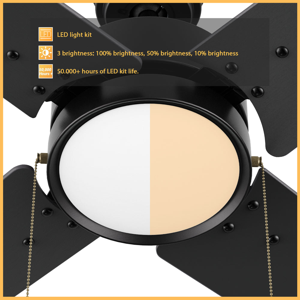 Close-up of the Nazzano 52-inch quiet DC motor ceiling fan with light, focusing on the dimmable LED light. 