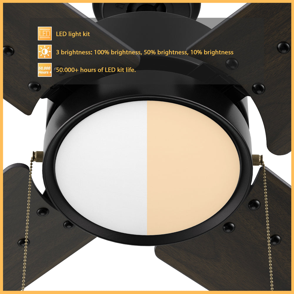 Close-up of the Nazzano 52-inch quiet DC motor ceiling fan with light, focusing on the Integrated 4000K dimmable LED light that offers warm to cool light options. 