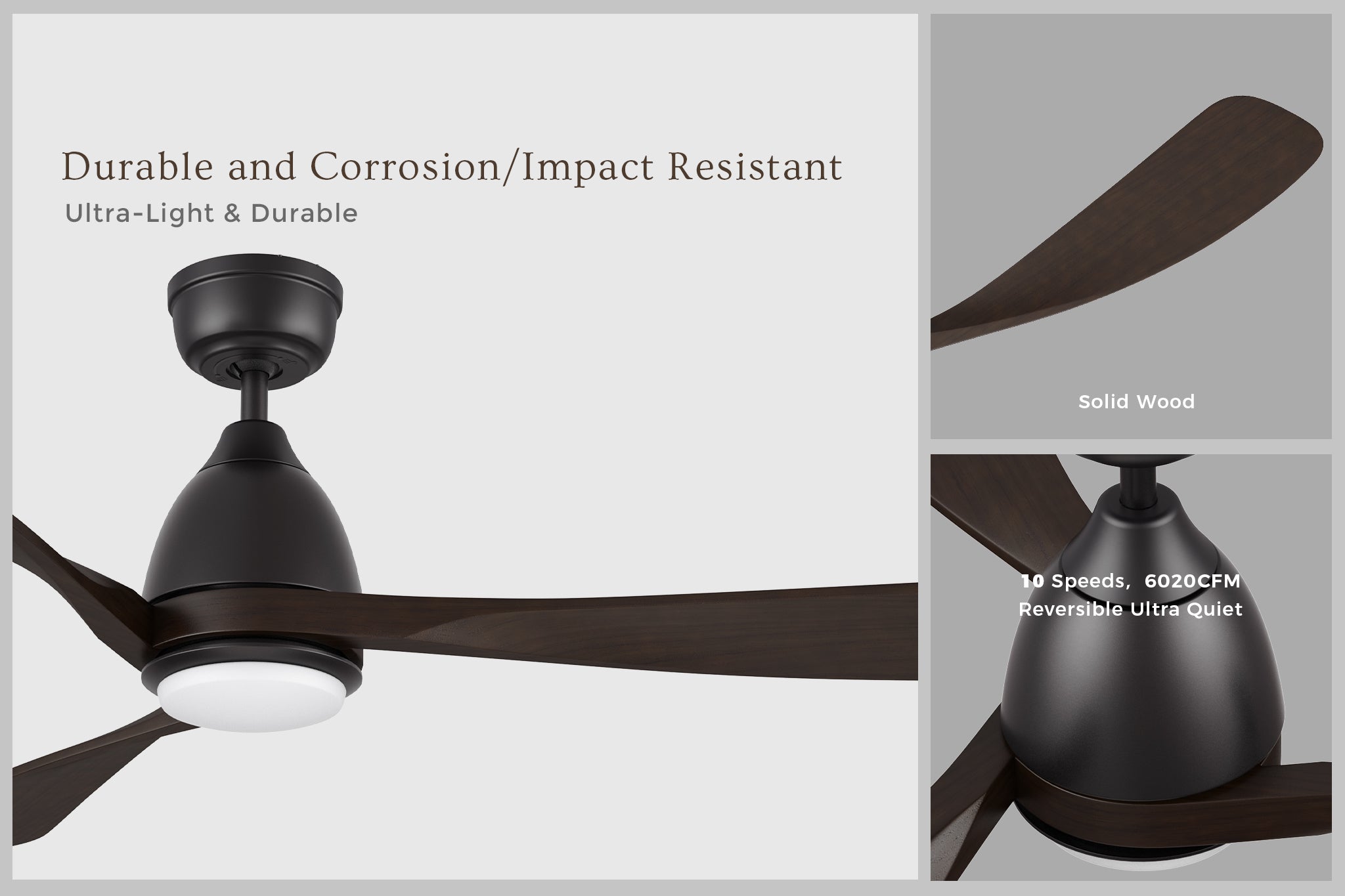 A closer view of the Nephele 60-inch fan, showing its wooden 3-blade structure and durable DC motor. Features a white frosted LED light at the center, providing soft illumination.