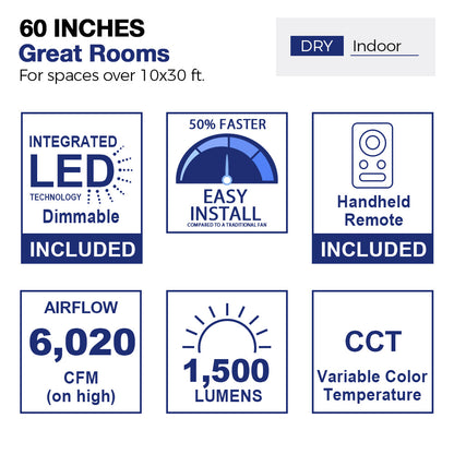 Diagram of a 60-inch ceiling fan designed for great indoor rooms measuring over 10x30 feet, specifically for dry environments. The image illustrates a stylized living room layout with furniture, showcasing the fan&