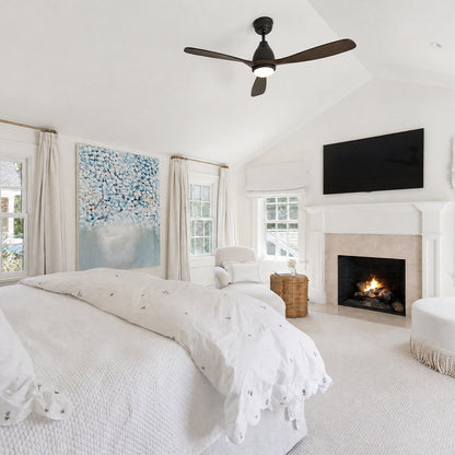 Complete your serene, vaulted-ceiling master bedroom with a whisper-quiet wood ceiling fan with light. Perfectly blending modern technology with airy, coastal elegance. 