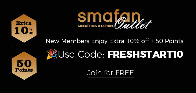 A promotional banner on a black background for Smafan Outlet. The banner features the Smafan Outlet logo on the left. In the center are two gold hexagonal shapes, one with the text "Extra 10% off" and the other with "50 Points." To the right, the text reads, "New Members Enjoy Extra 10% off + 50 Points," followed by the promo code "Use Code: FRESHSTART10." A button on the far right says "Join for FREE."