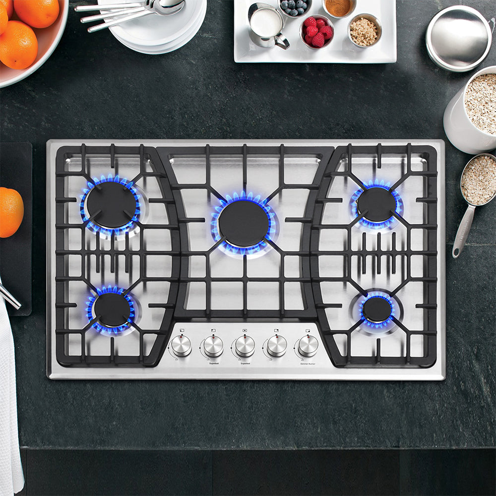 30-inch gas cooktop with five burners, high-performance. Made by stainless steel materials, high-quality and durable.