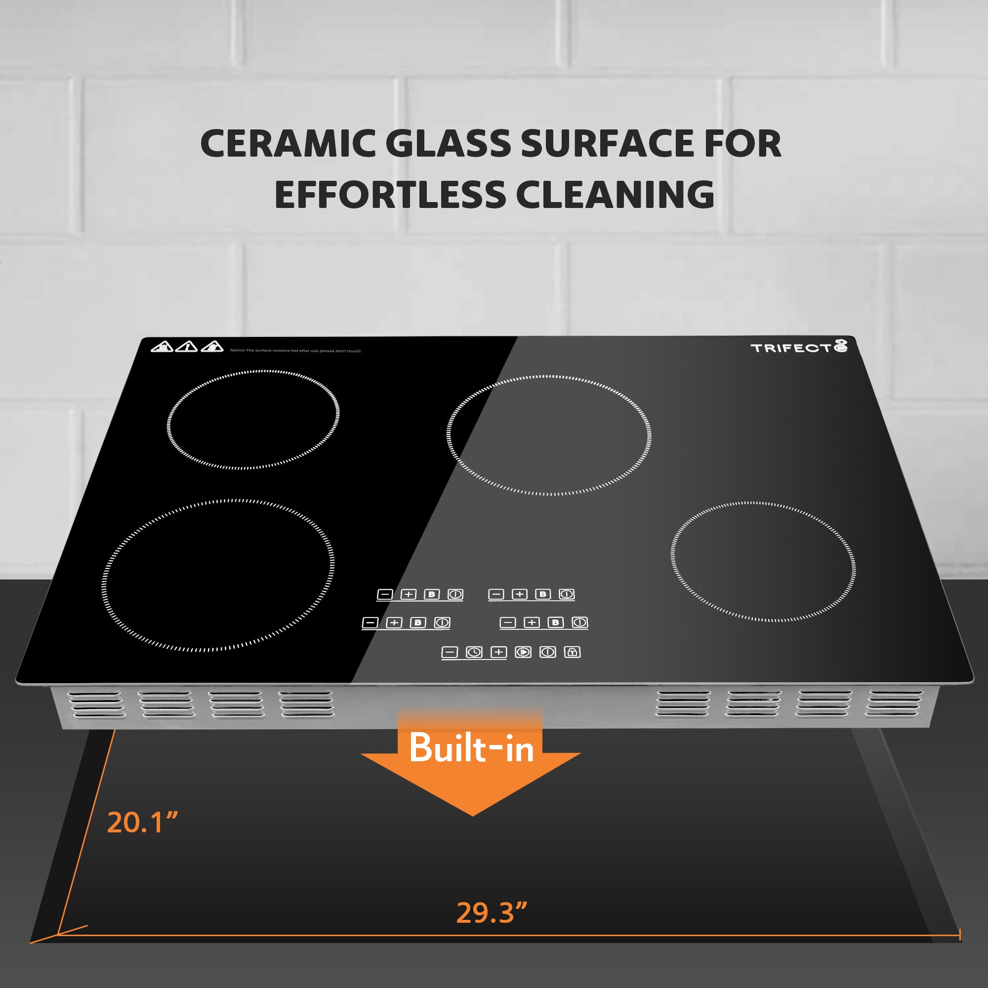 30in built-in induction cooktop surface made of ceramic glass for easy to clean.