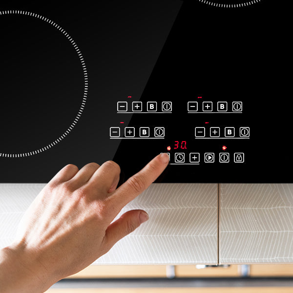 30inch induction cooktop boasts a sleek black glass-ceramic surface, touchscreen control panel and LED display