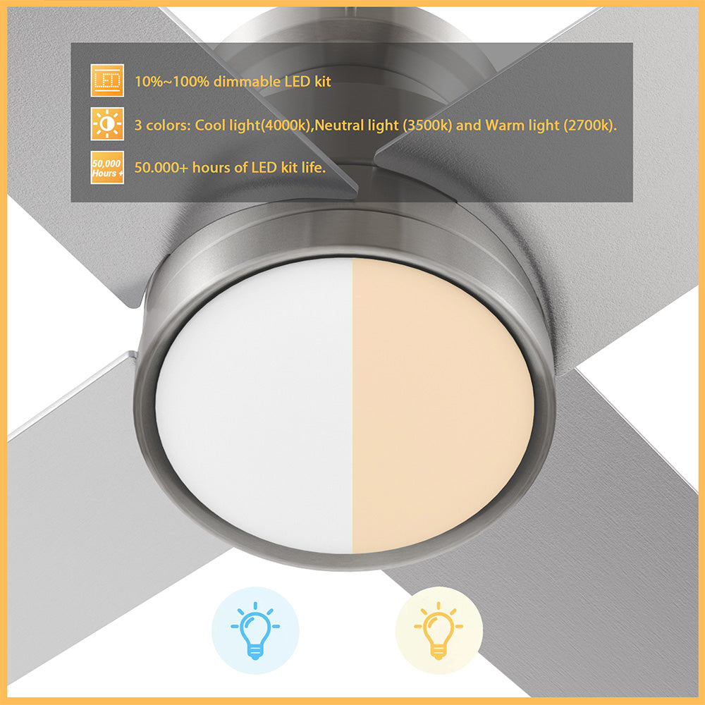 This image highlights the advanced lighting capabilities of the Olinda 52-inch Flush Mount Ceiling Fan. It features an integrated LED system designed for longevity. 