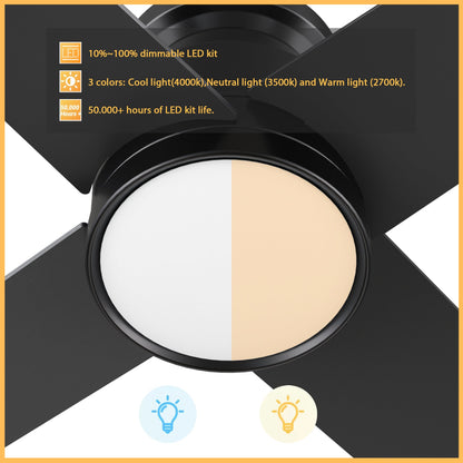 Olinda 52-inch modern black ceiling fan with dimmable LED light kit, showing split display of cool white (4000K) and warm light (2700K) color options, 10%–100% dimmable brightness, and over 50,000 hours LED lifespan.  