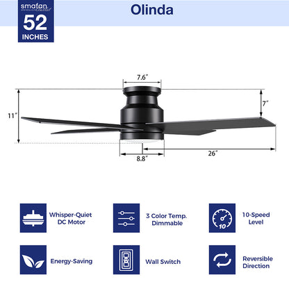 Olinda 52-inch flush mount ceiling fan in matte black with LED light, shown with dimensions and features. The diagram highlights 11-inch total height, 26-inch blade length, 7.6-inch motor housing width, 8.8-inch light width, plus features including whisper-quiet DC motor, 3 color temperature dimmable light, 10-speed levels, energy-saving design, wall switch control, and reversible airflow. 
