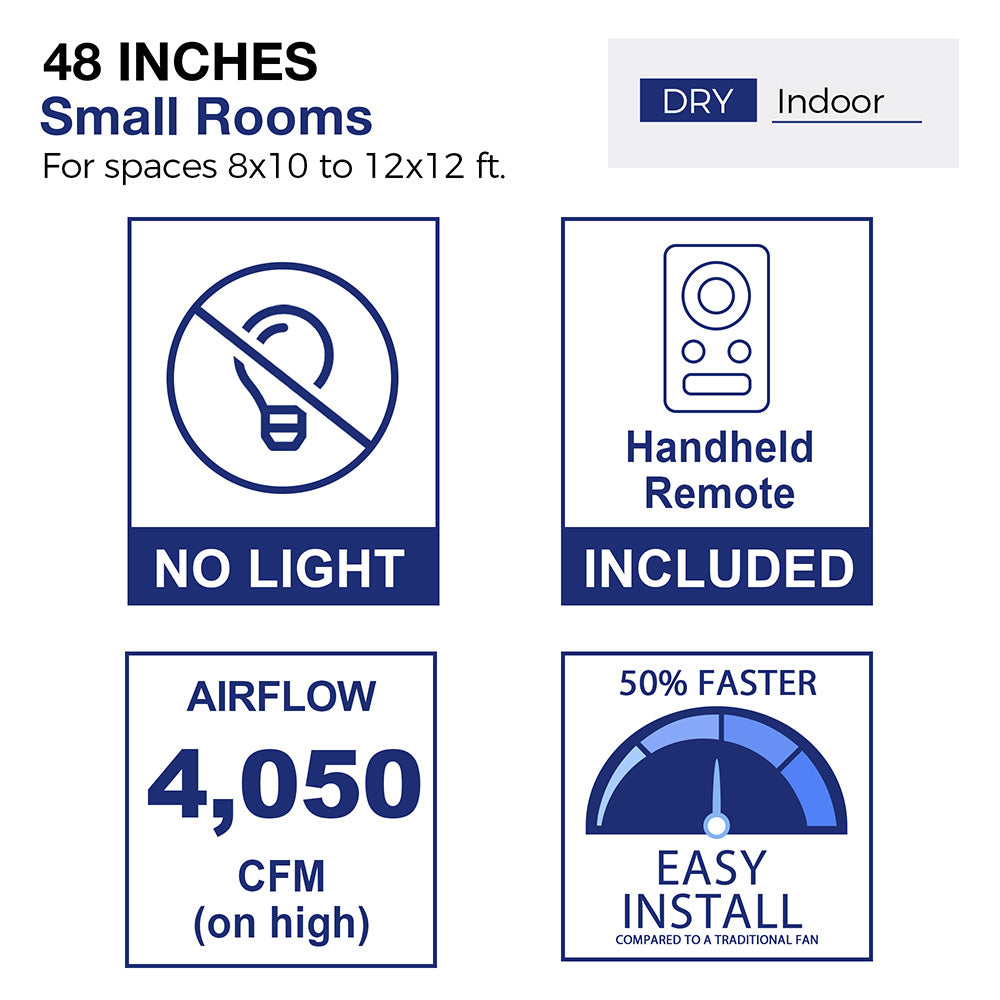 Diagram of a 48-inch ceiling fan designed for small indoor rooms measuring 8x10 to 12x12 feet, specifically for dry environments. The image illustrates a stylized living room layout with furniture, showcasing the fan&