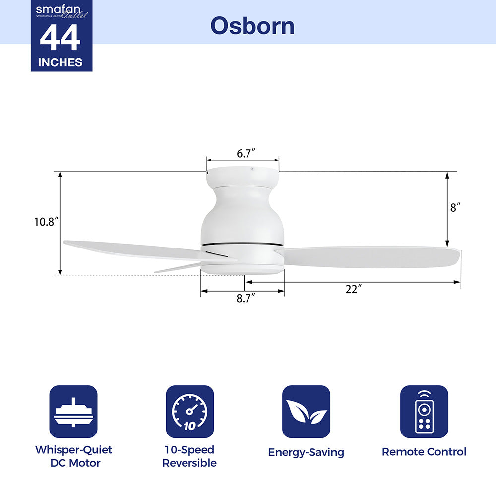 Diagram of the 44-inch Smafan Osborn flush mount ceiling fan without light showing dimensions and key features: whisper-quiet DC motor, 10-speed reversible settings, energy-saving design, and remote control compatibility. 