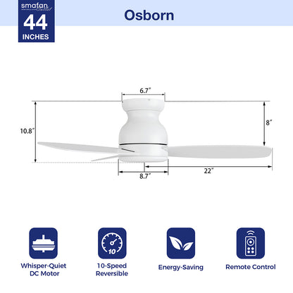 Diagram of the 44-inch Smafan Osborn flush mount ceiling fan without light showing dimensions and key features: whisper-quiet DC motor, 10-speed reversible settings, energy-saving design, and remote control compatibility. 