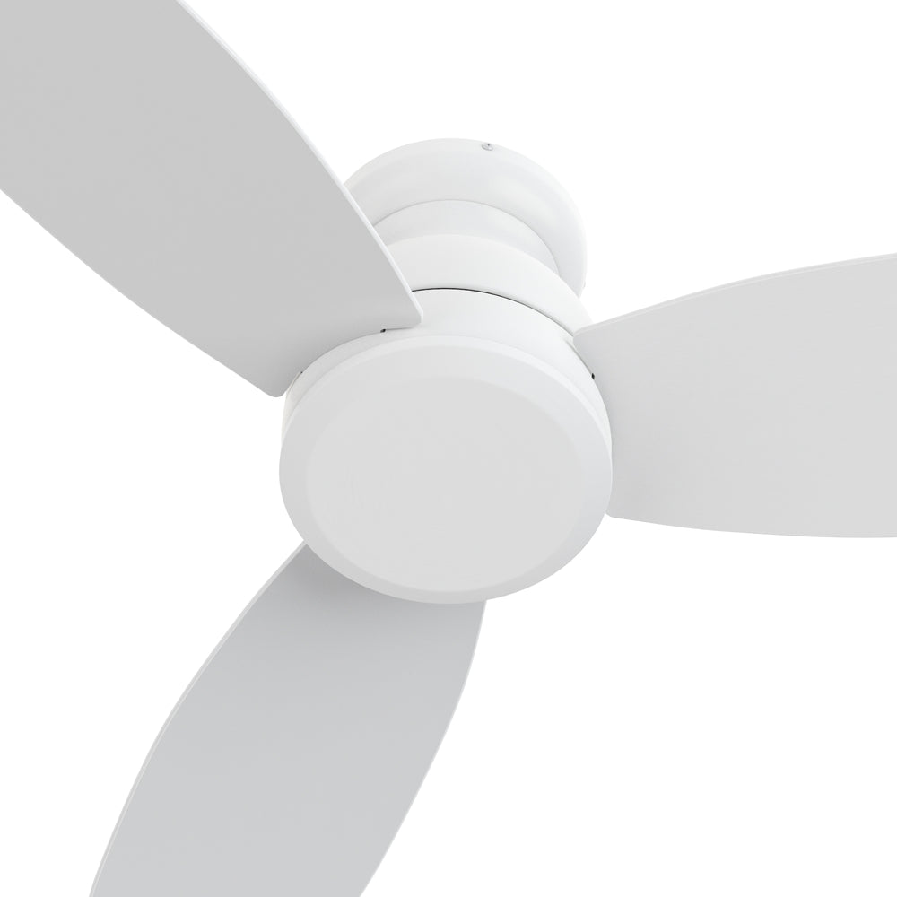 Close-up of the white Osborn 44-inch ceiling fan without light showing three sleek blades and modern flush mount design. 