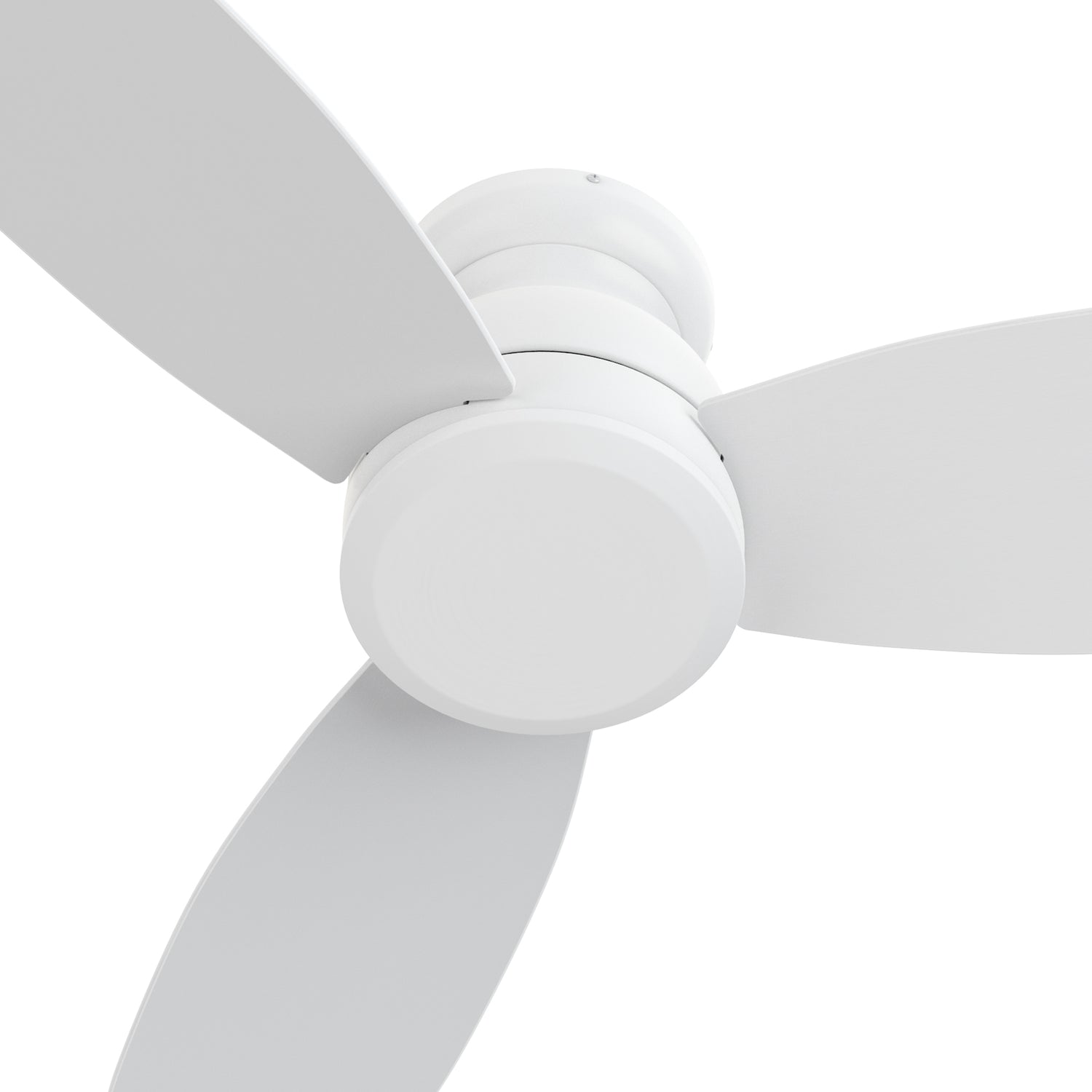 Close-up of the white Osborn 44-inch ceiling fan without light showing three sleek blades and modern flush mount design. 