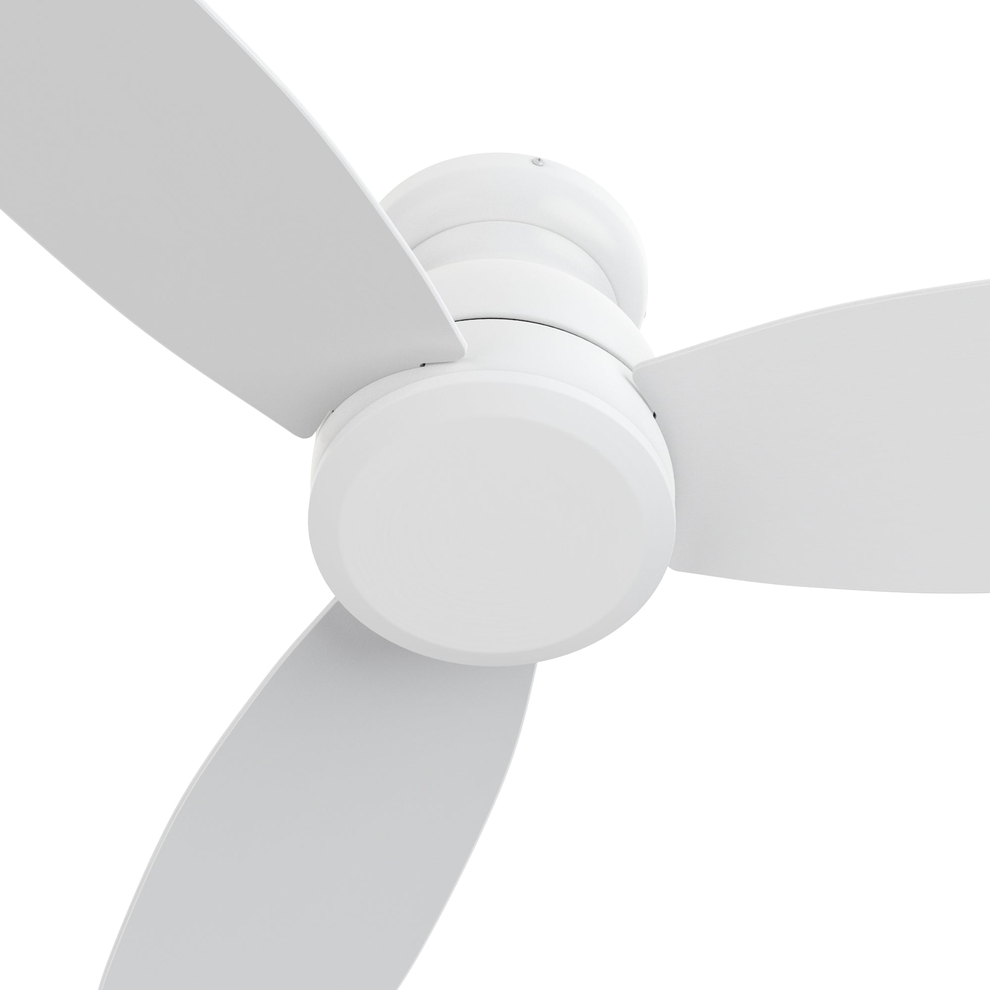 Close-up of the white Osborn 44-inch ceiling fan without light showing three sleek blades and modern flush mount design. 