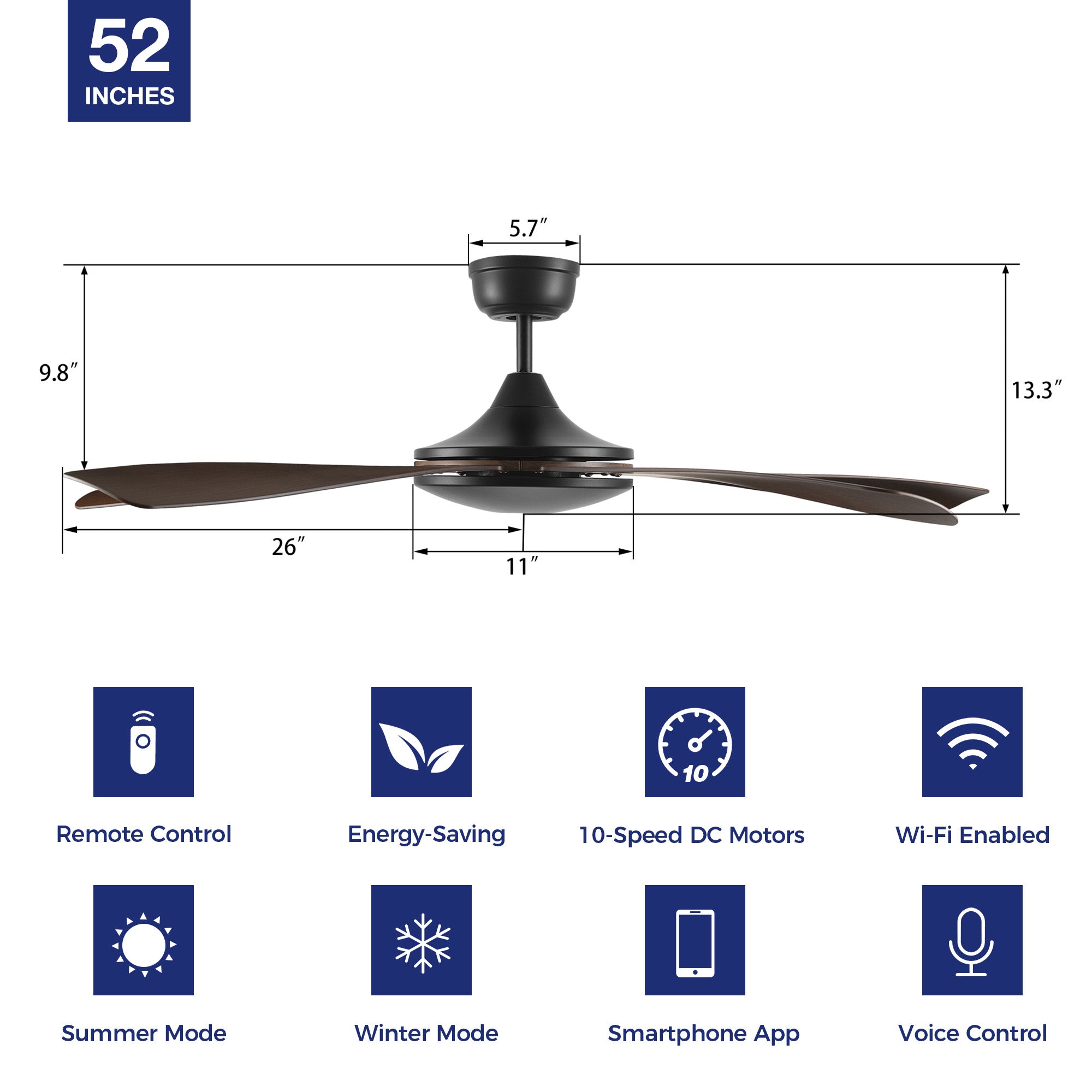 Features of Peridot 52-inch smart ceiling fan without light, including energy savings, 10-speed DC motor, smartphone app control, and summer/winter mode. 