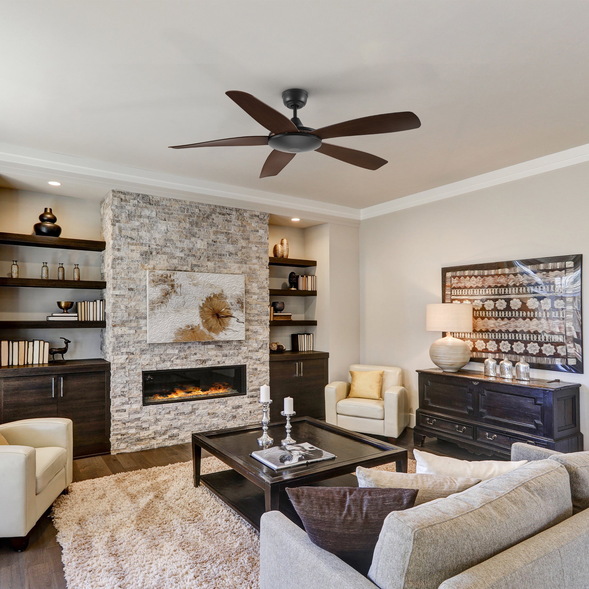 Peridot 52-inch smart ceiling fan with remote control in a modern living room, providing efficient air circulation and blending seamlessly with contemporary decor. 