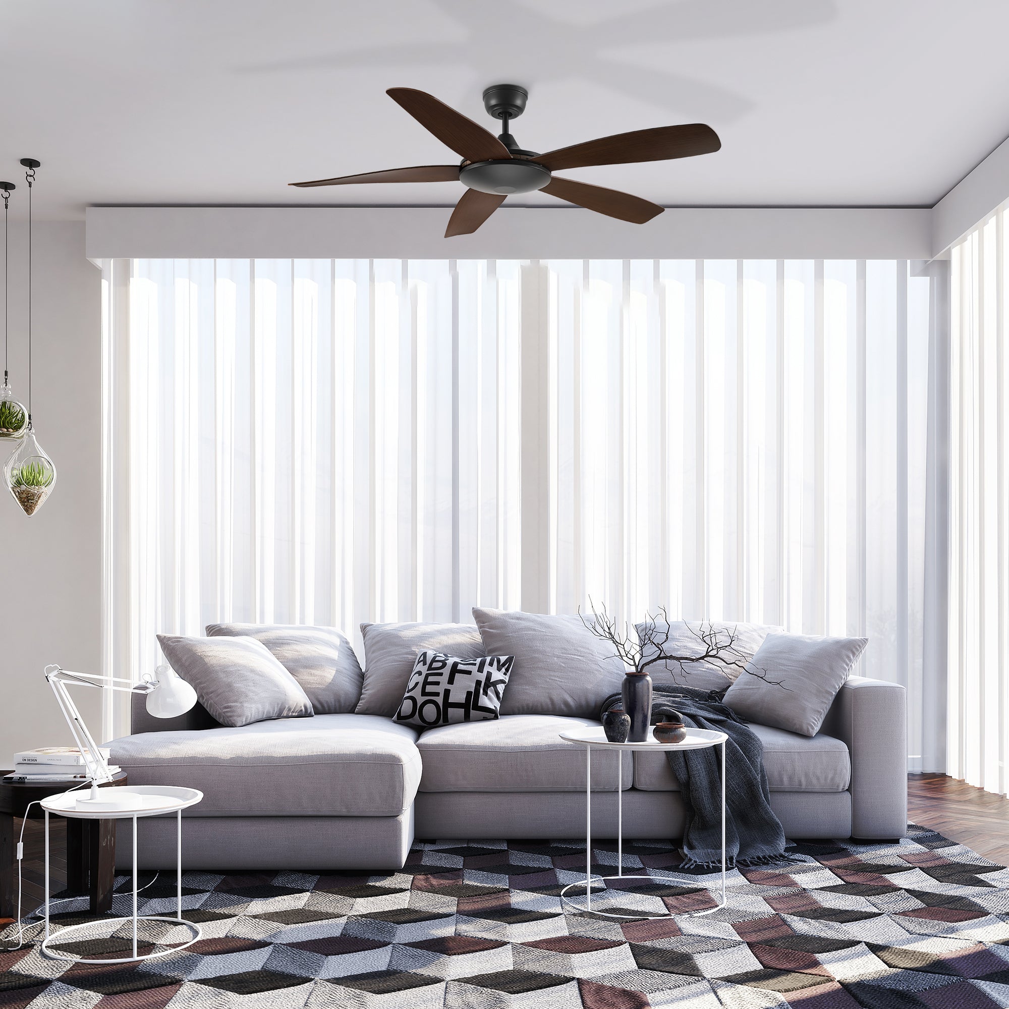 Peridot 52-inch smart ceiling fan with remote control in a modern living room, providing efficient air circulation and blending seamlessly with contemporary decor. 