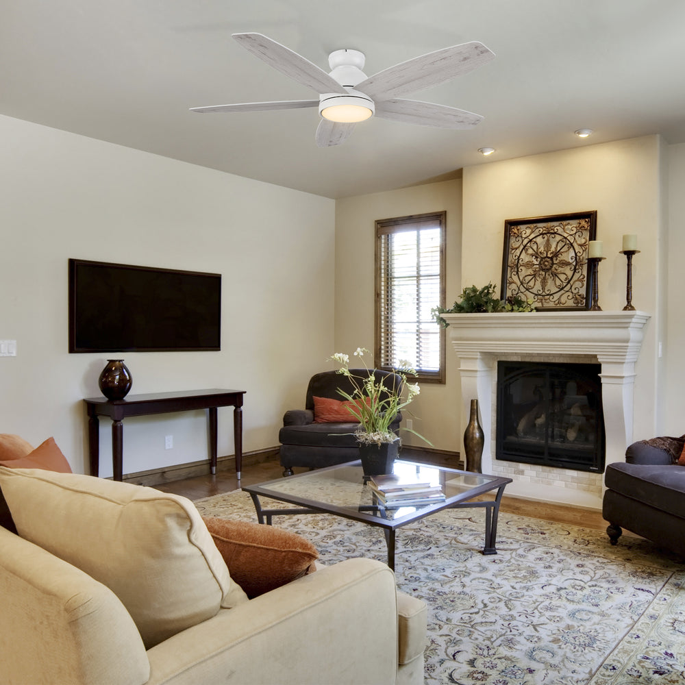 The Povjeta 52" low profile ceiling fan in white with dimmable light will keep your living space cool, bright, and stylish. This soft modern masterpiece is perfect for indoor living spaces. 