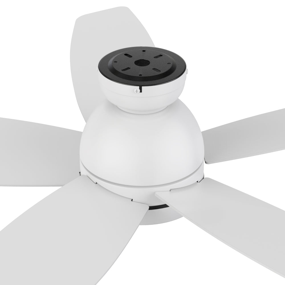 Close-up of a white low profile ceiling fan with four blades, featuring a minimalist and modern design with a light fixture, emphasizing the fan’s smooth, matte finish and clean lines.  