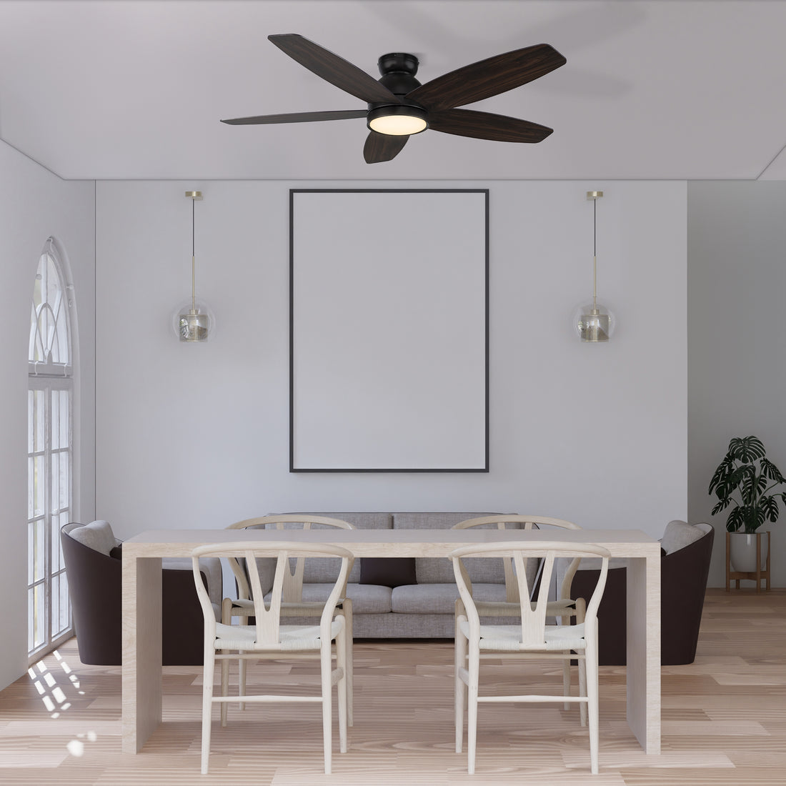 The Povjeta 52&quot; low profile ceiling fan in black will keep your living space cool, bright, and stylish. This soft modern masterpiece is perfect for indoor living spaces. 