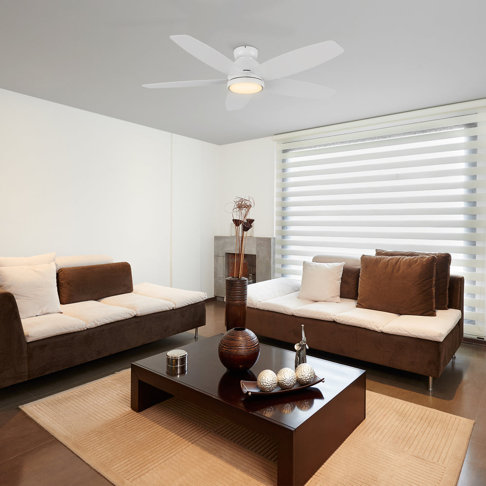 The white low profile fan boasts a simple design with a white finish, elegant Plywood blades and an integrated 4000K LED cool light. Additionally, the fan comes equipped with a remote control to allow you to easily set your fan preferences. 