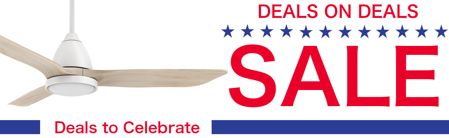 Promotional banner featuring a modern white ceiling fan with light wood blades and an integrated LED light on the left. Text on the right reads 'DEALS ON DEALS SALE' in bold red and blue, accompanied by stars. Additional text at the bottom reads 'Deals to Celebrate,' emphasizing a festive sale event.