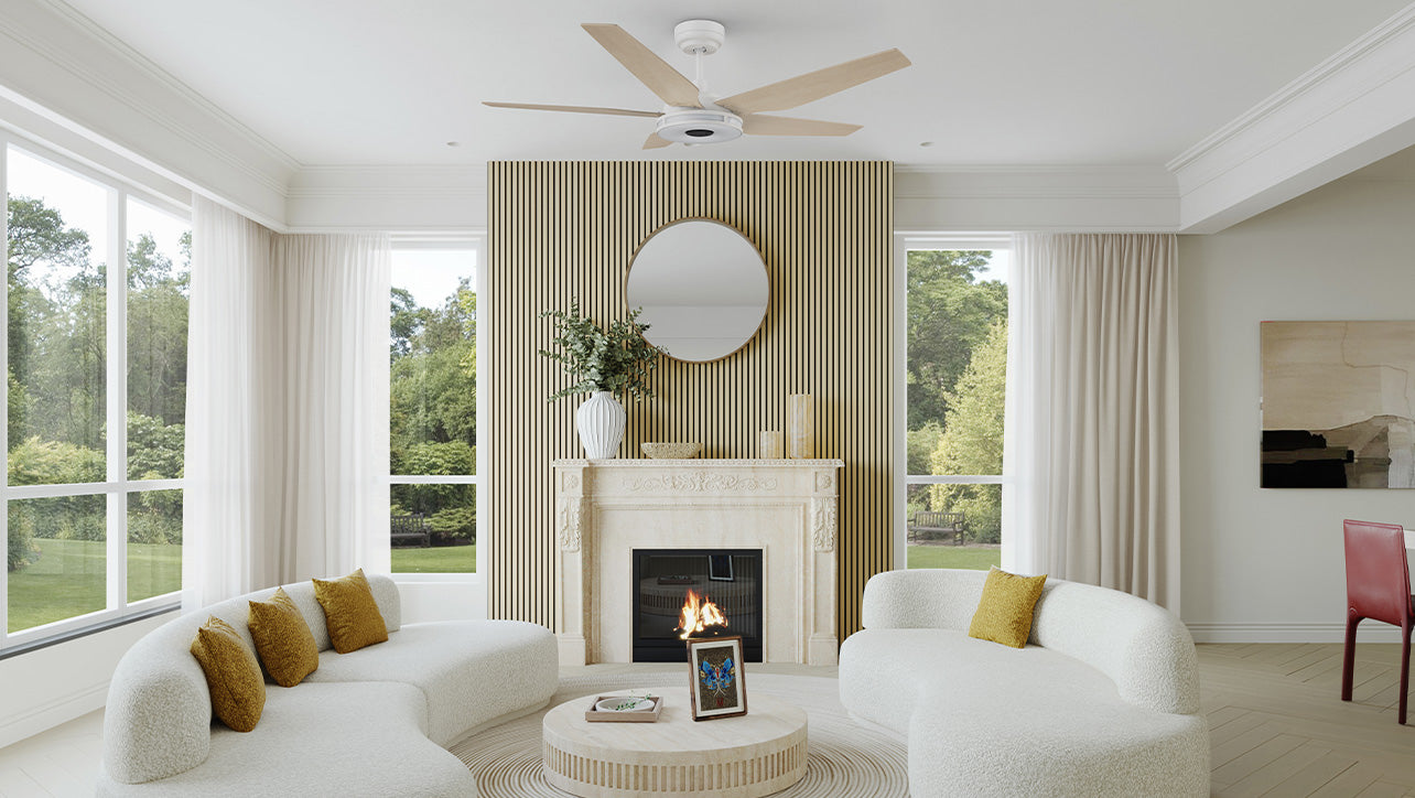 Bright living room with explorer white ceiling fan, wall art, and natural walnut-colored acoustic slat panels. Ideal for modern interior styling and quiet airflow.