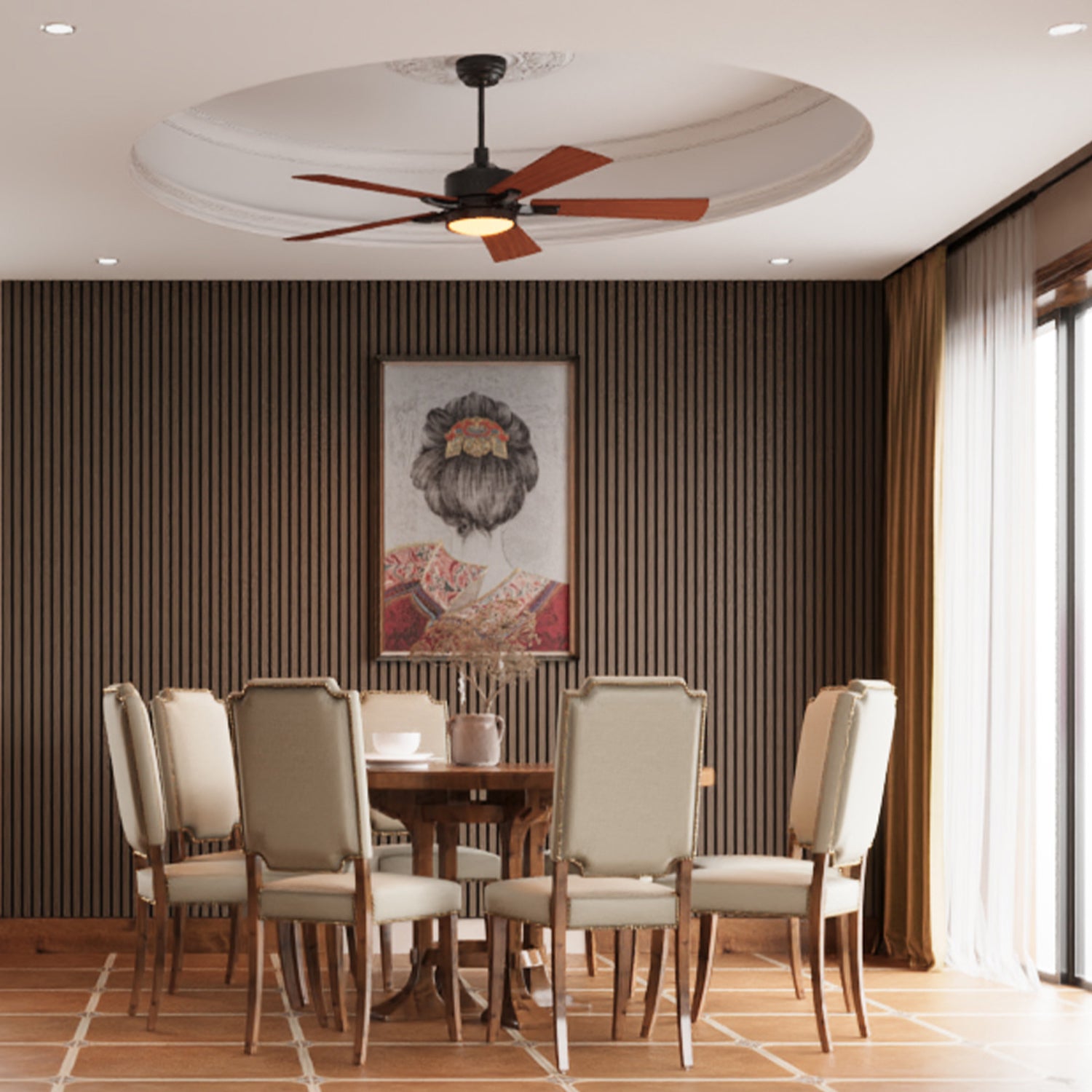 Modern dining room with an Antrim flush-mount ceiling fan featuring wood grain blades, wood slat felt wall panels, and vibrant wall art. Enhances energy-efficient cooling in elegant interiors.