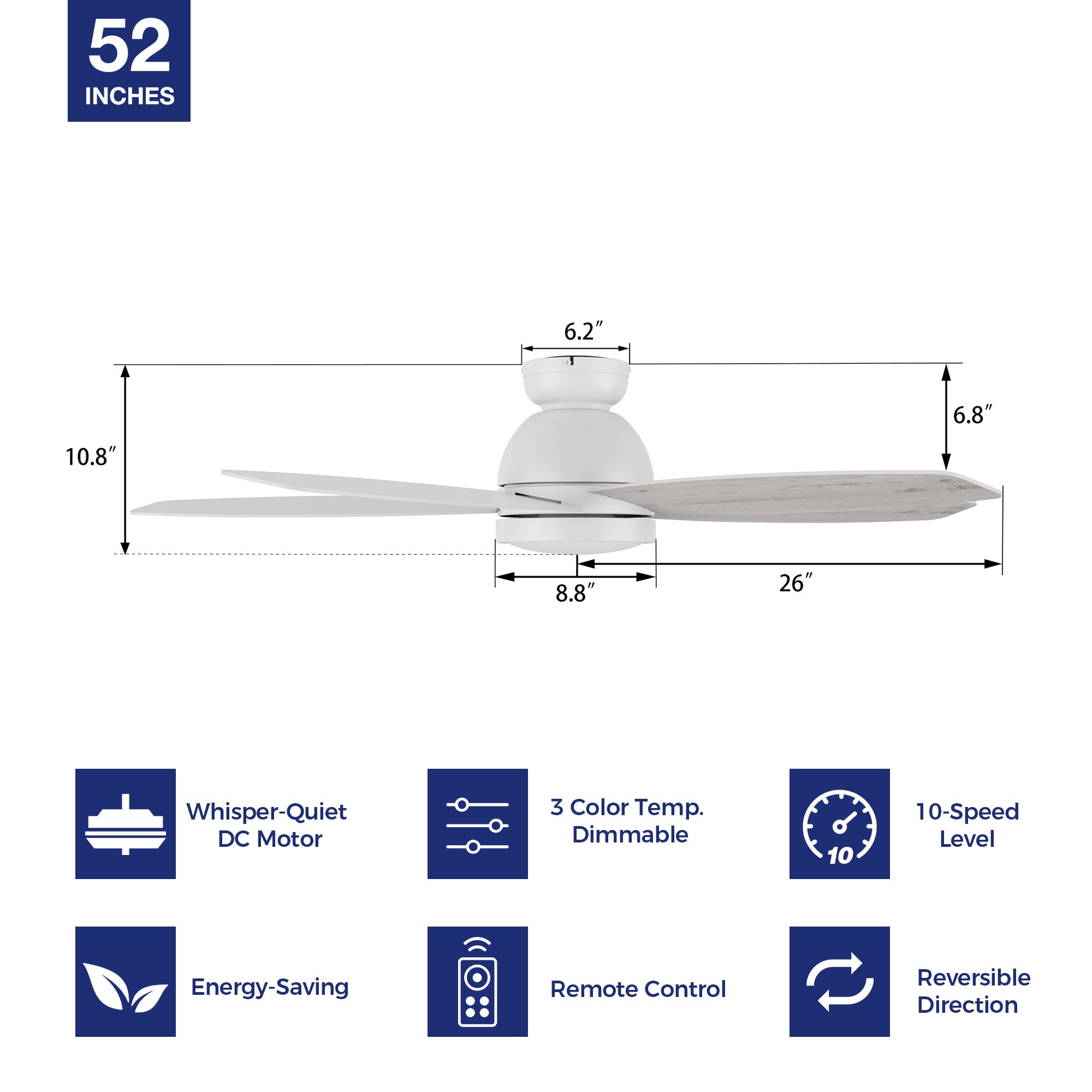 52-inch Flush Mount White Ceiling Fan – your ideal blend of style and serenity! With a 3-color dimmable light, 10-speed reversible quiet DC motor, and remote control, it's the epitome of energy-efficient design, perfect for your modern living room or bedroom. Elevate your space with seamless functionality and chic aesthetics!  #color_white