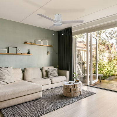 52 inch white ceiling fan with light in the modern living room  matching to gray sofa #color_white