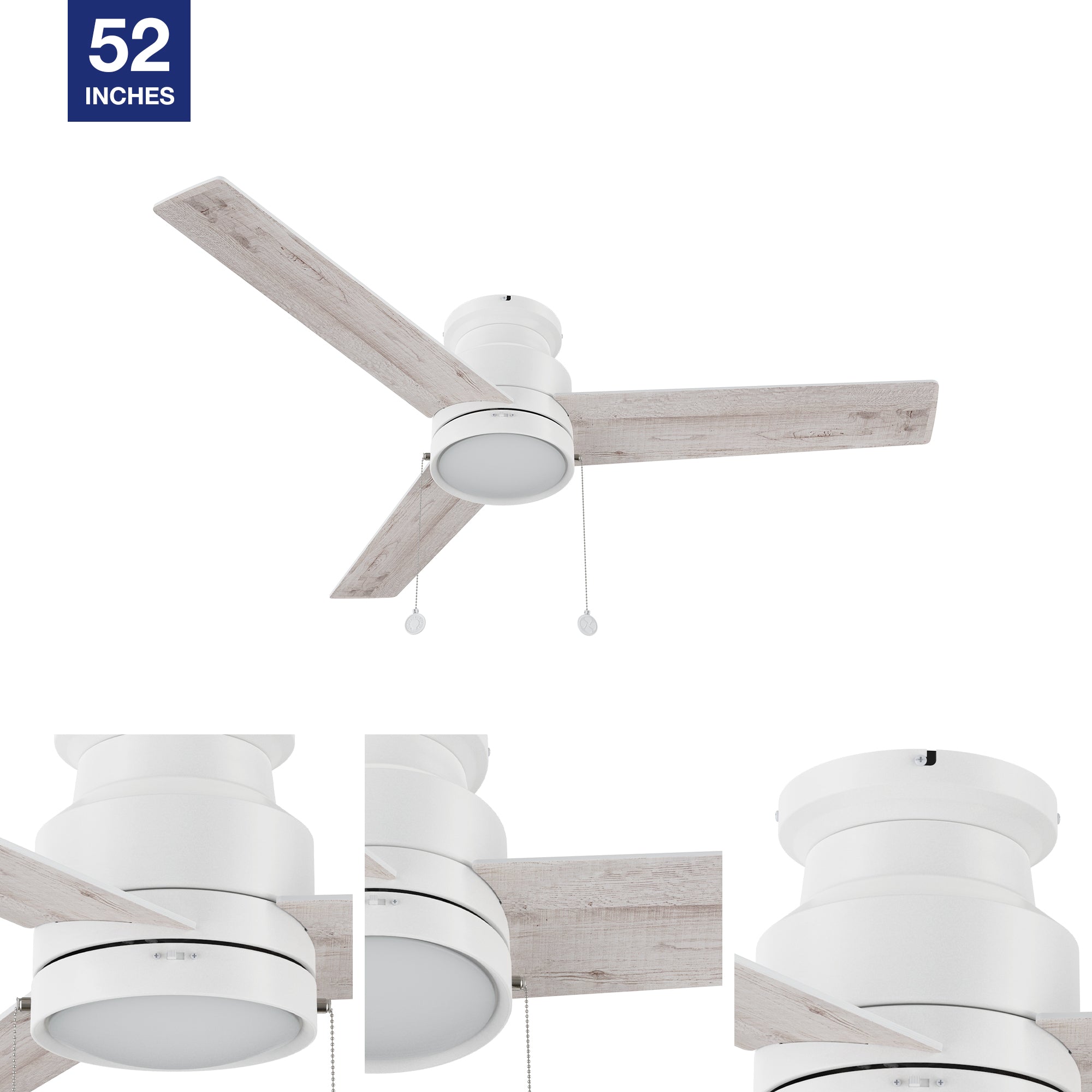 White low profile ceiling fan with LED light and high-quality reversible blades. 