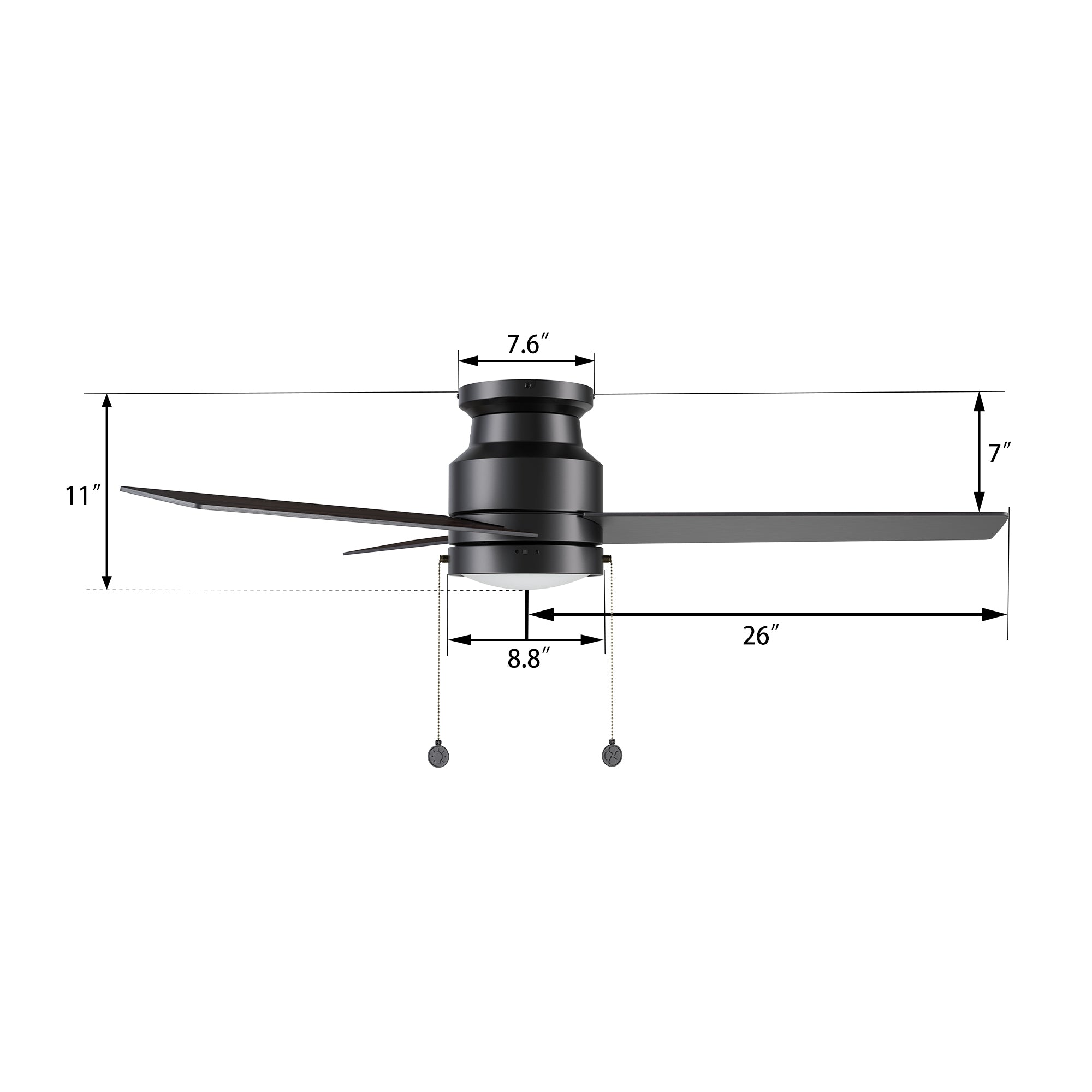 The dimension image of 52-inch flush mounting matt-black ceiling fan with LED light and pull chain. 