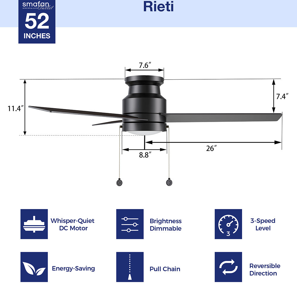 The dimension image of 52-inch flush mounting matt-black ceiling fan with LED light and pull chain. 