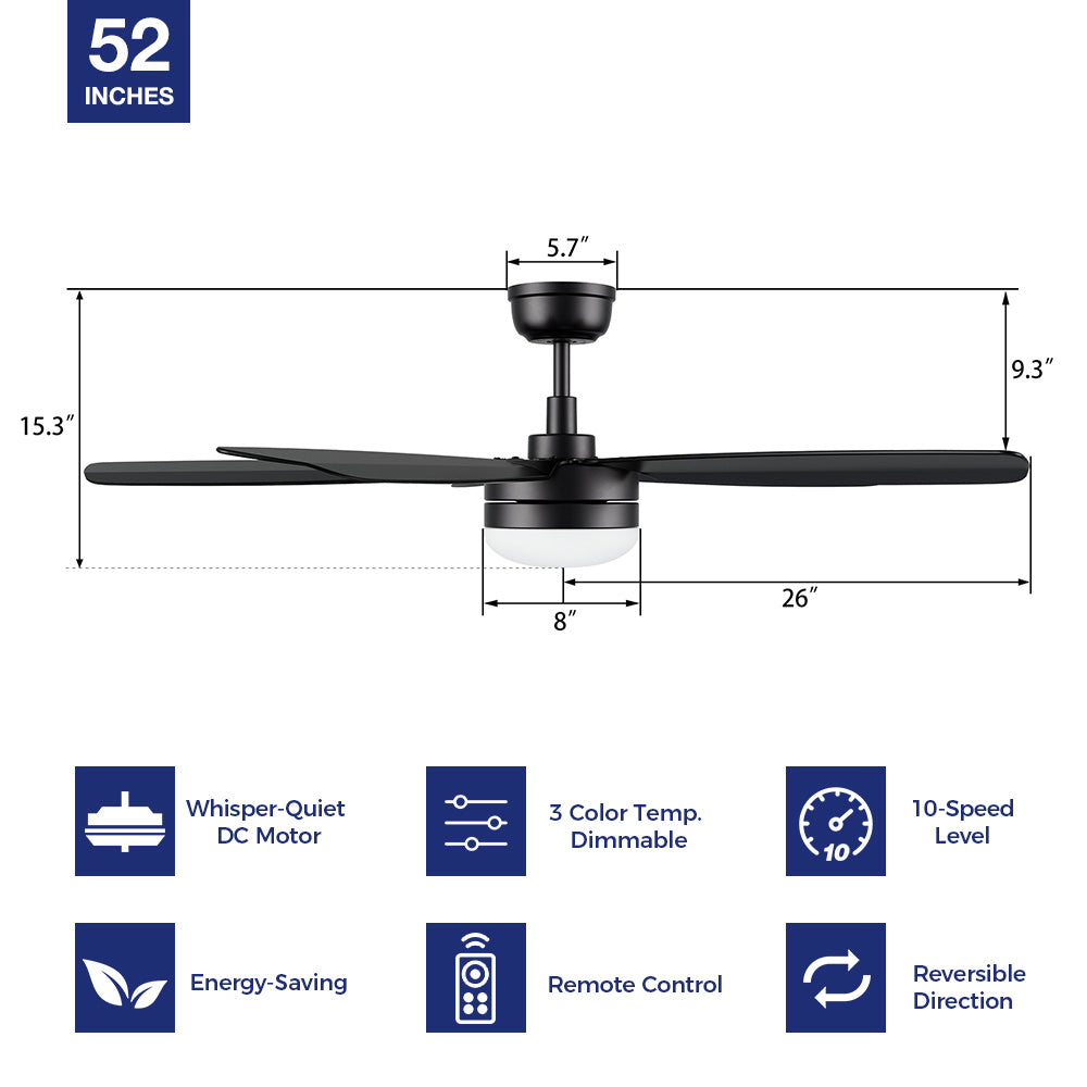 A 52-inch black ceiling fan with an LED light and remote control, highlighting features like quiet operation, dimmable light, and multiple speed settings from the Rivers collection. 