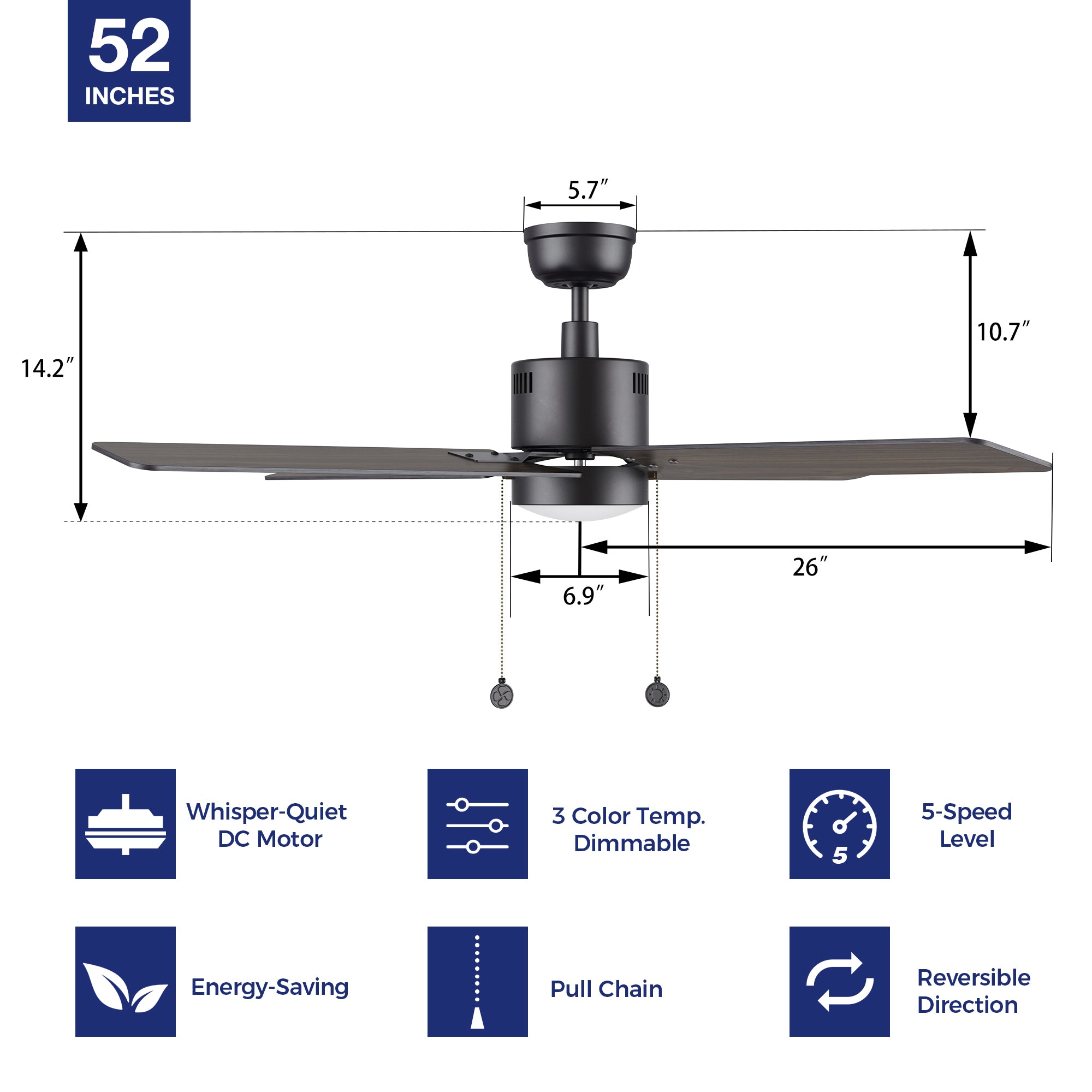 Dimensions and key features of the Rowan 52-inch modern ceiling fan, showcasing size and functional details including pull chain, easy installation, 5-speed DC motor, whisper motor, durable LED light kit, dimmable LED light kit, energy efficient, indoor use, summer mode, winter mode, and wobble-free design.
