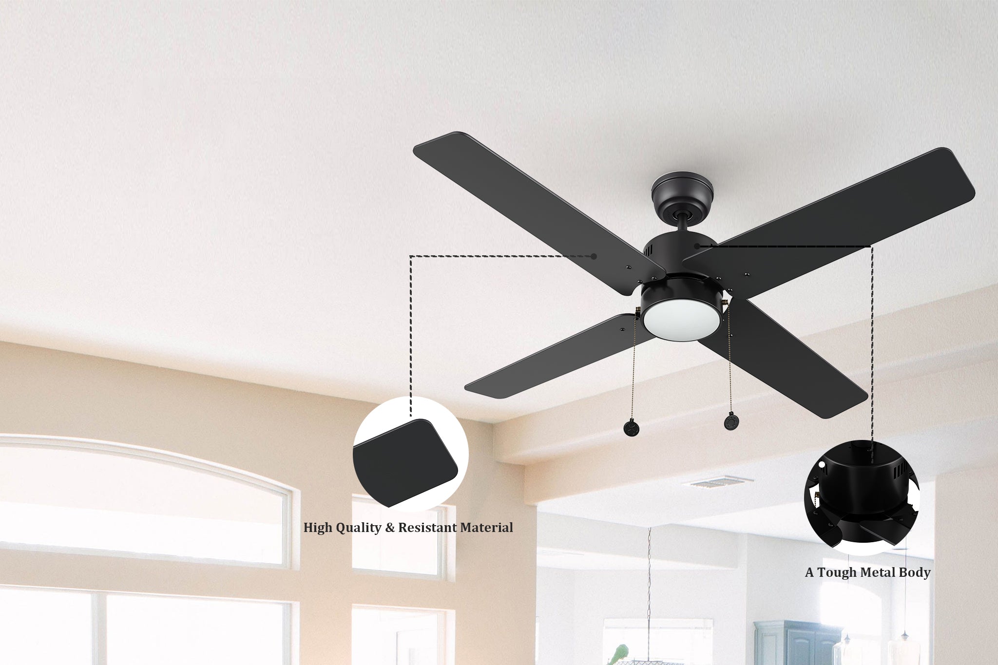 Black ceiling fan with light and high-quality sleek black finish with plywood blades.
