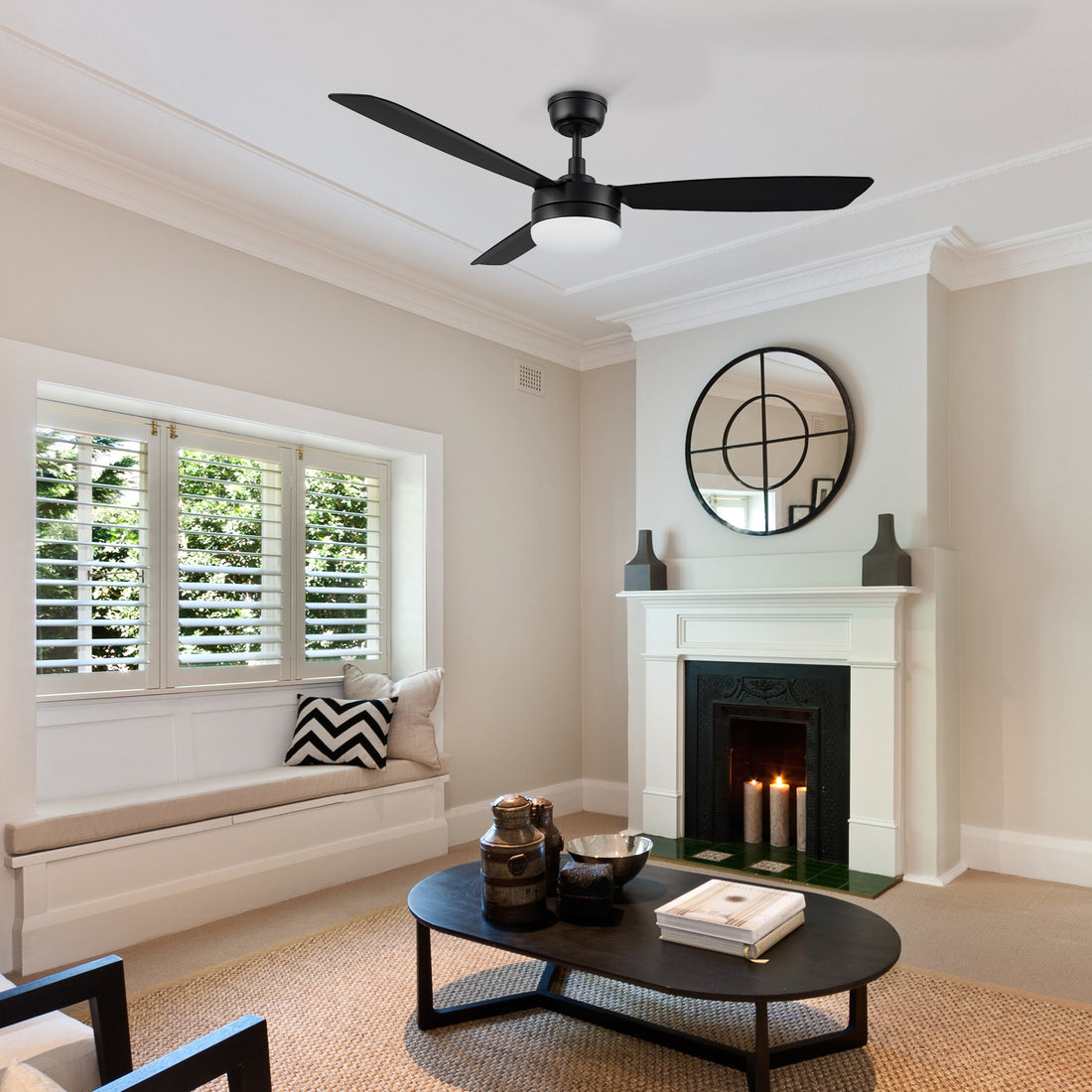 52-inch ceiling fan with LED light in an elegant living room, offering quiet airflow and modern style. 