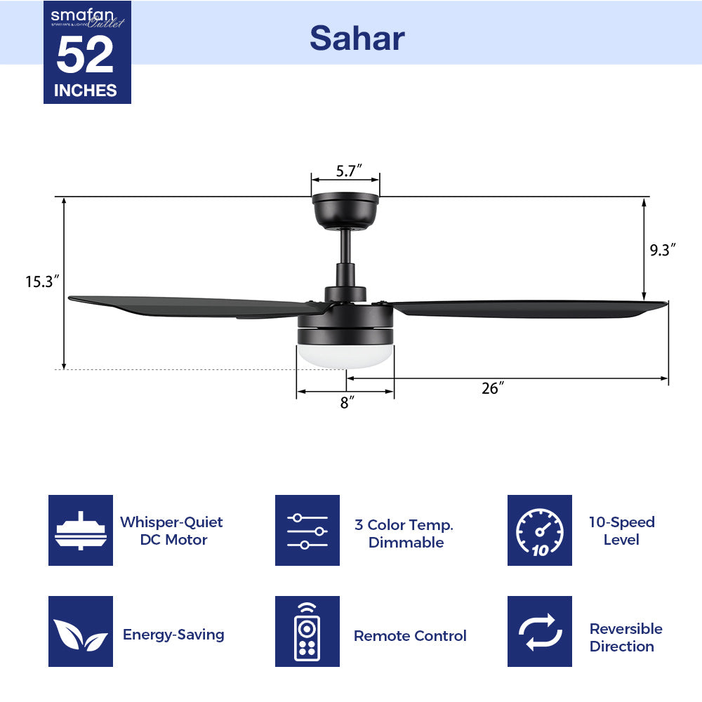 52-inch modern black ceiling fan with LED light and remote features, including 3-color temperature and 10-speed quiet reversible DC motor. 