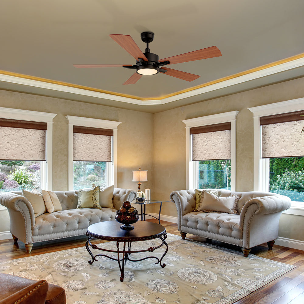 52 inch modern ceiling fan with LED light and remote in elegant living room. 