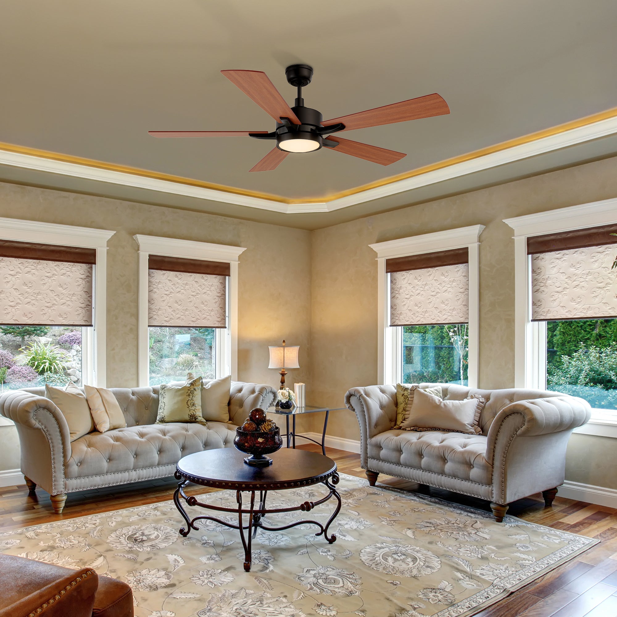 52 inch modern ceiling fan with LED light and remote in elegant living room. 