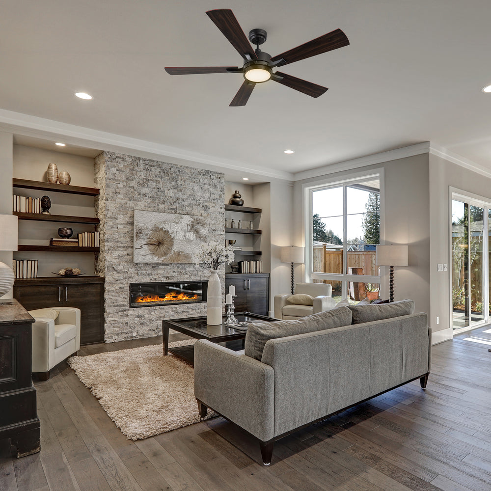 56-inch downrod mounting ceiling fan with dimmable LED light and remote, matching with grey plush sofa and light beige coral velvet carpet, make the living room more modern. 