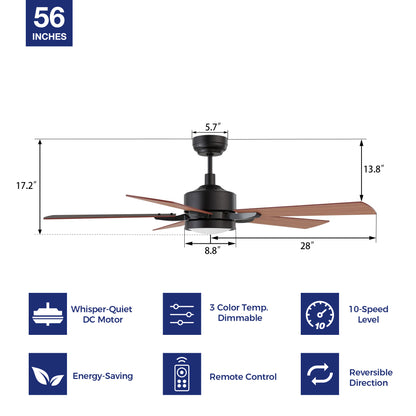 Transform your space with a 56-inch black downrod-mounted ceiling fan. Enjoy the convenience of a remote-controlled 10-speed adjustable DC motor, 3-color temperature dimmable light with 1300 lumens, and an impressive 5000 CFM high air volume. Indulge in whisper-quiet cooling thanks to the energy-efficient DC motor. The fan&