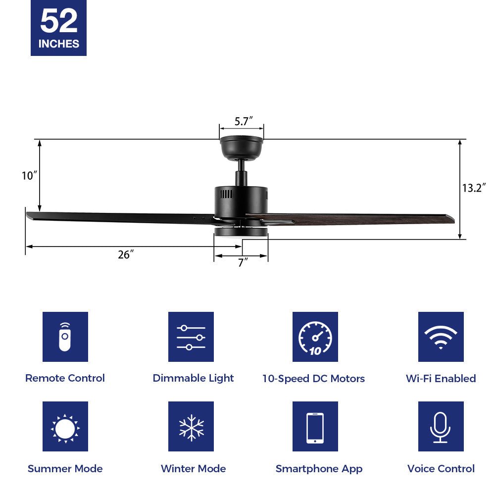 Skobeloff 52-inch smart ceiling fan with LED light, remote control, and 10-speed settings, designed for large spaces with advanced functionality. 