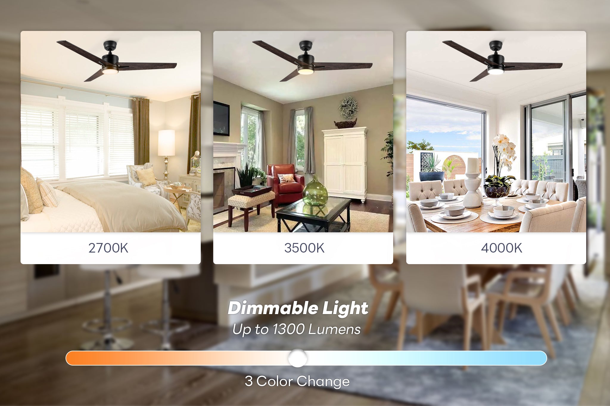 Skobeloff 52-inch smart ceiling fan with dimmable LED light, designed for spacious living areas, offering  light tones from 2700K warm to 4000K cool white.