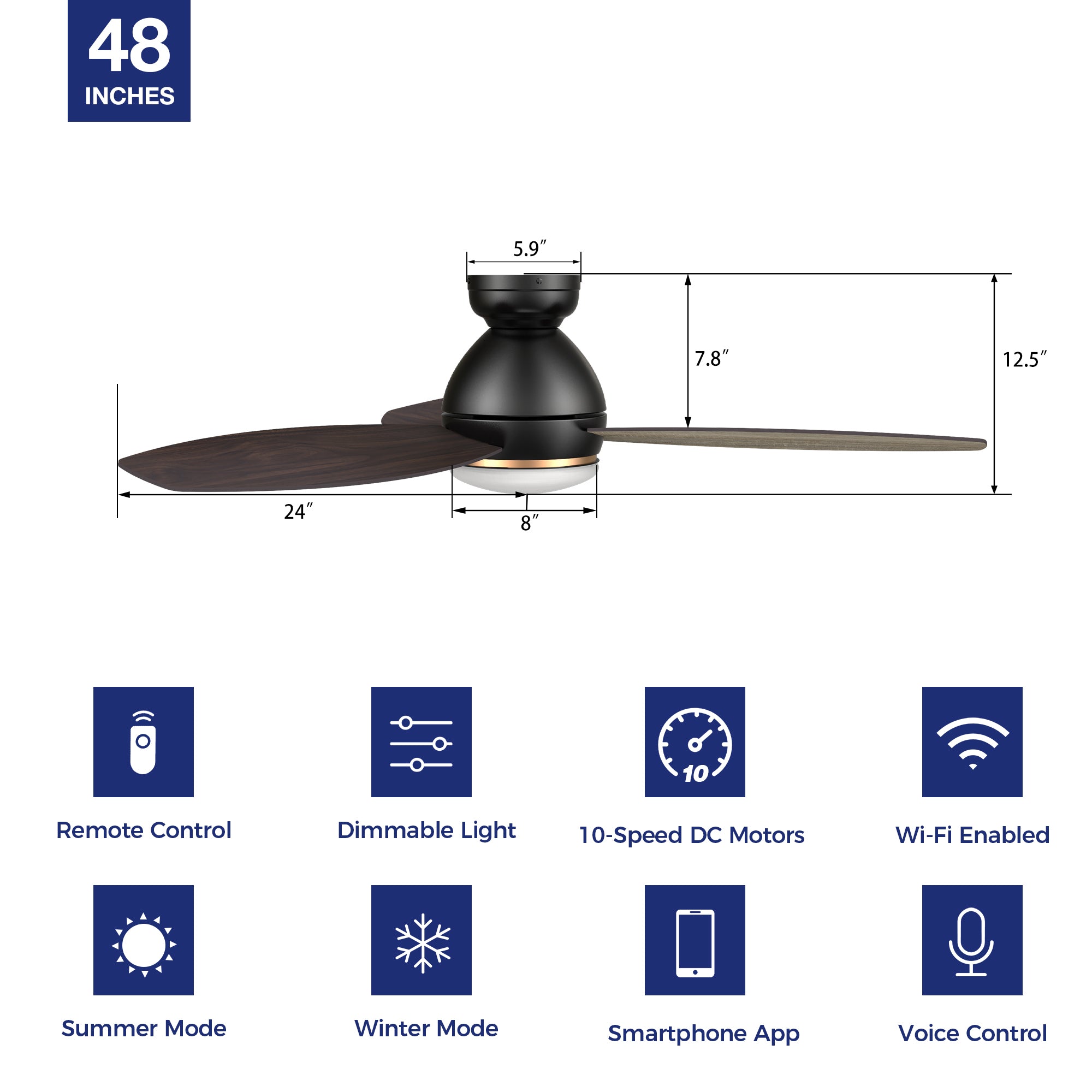 This Bretton 48'' smart ceiling fan keeps your space cool, bright, and stylish. It is a soft modern masterpiece perfect for your large living spaces. This Wifi smart ceiling fan is a simplicity designing with black finish, use elegant Plywood blades and has an integrated 4000K LED daylight. The fan features Remote control, Wi-Fi apps, Siri Shortcut and Voice control technology (compatible with Amazon Alexa and Google Home Assistant ) to set fan preferences. #color_wood