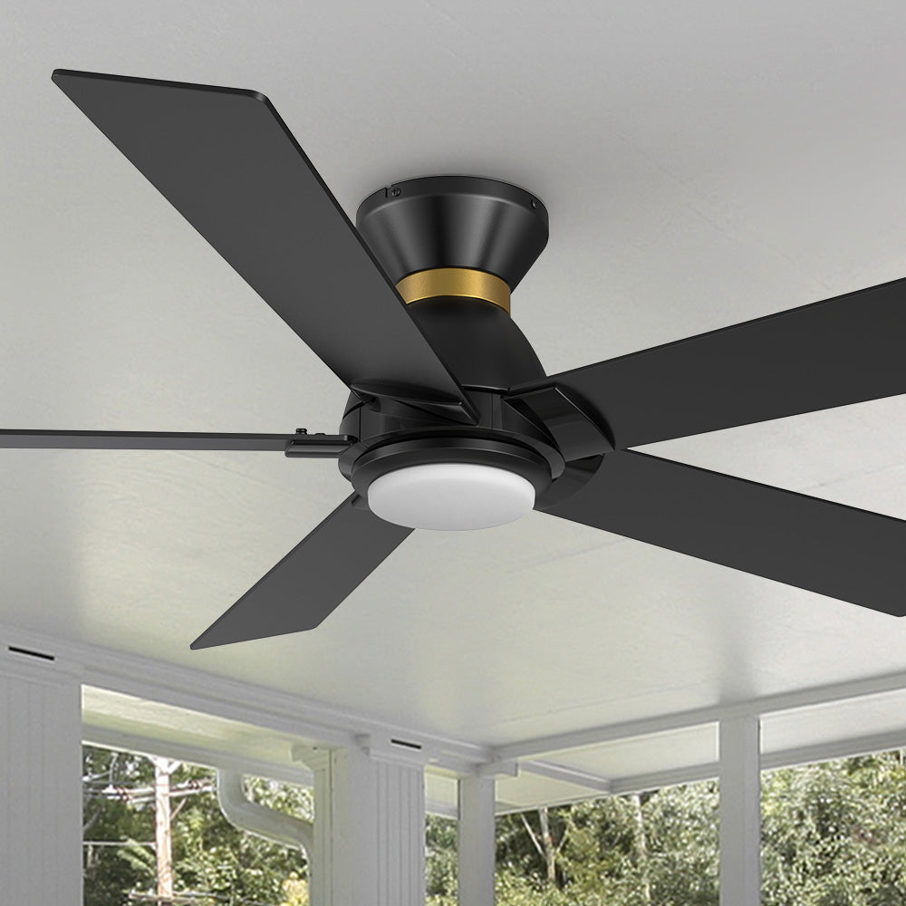 Carro Aspen 52 inch flush mount outdoor ceiling fan with light designed with a silent DC motor. 