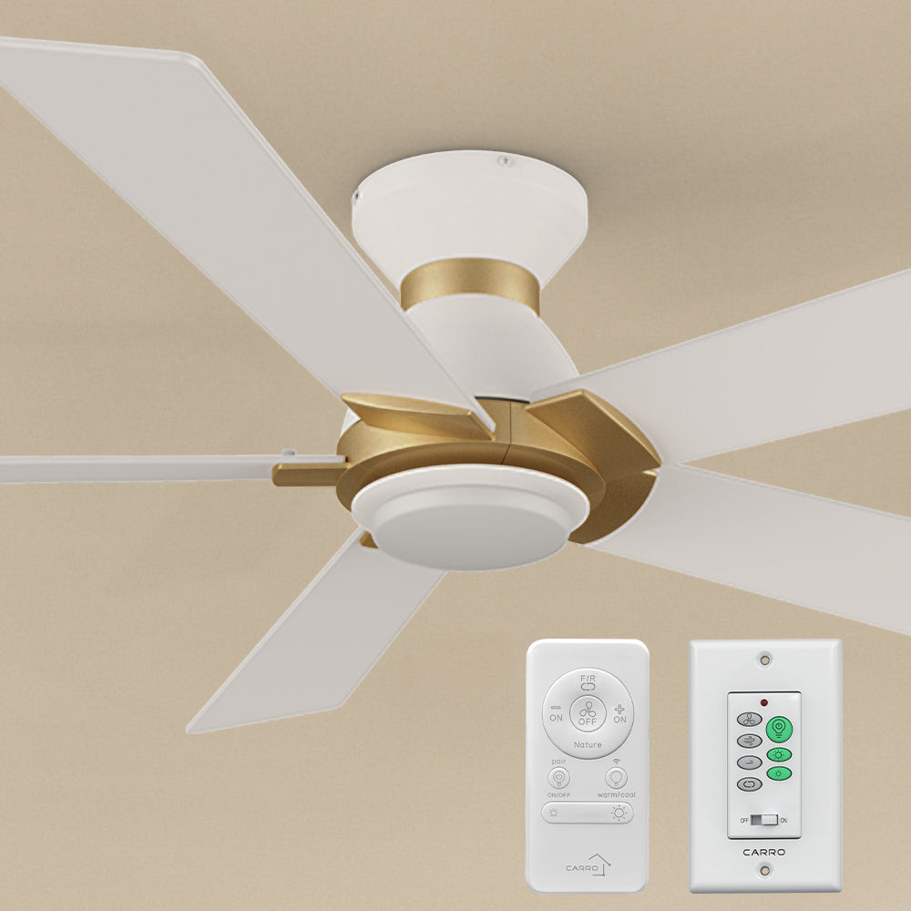 An image of a Carro smart ceiling fan with LED light, featuring white blades and gold accents, mounted on a beige ceiling for efficient airflow and cooling. The ceiling fan is shown with a Carro remote control and a Carro white wall switch, wireless smart operation, compatible with Alexa, ideal for modern indoor settings. 