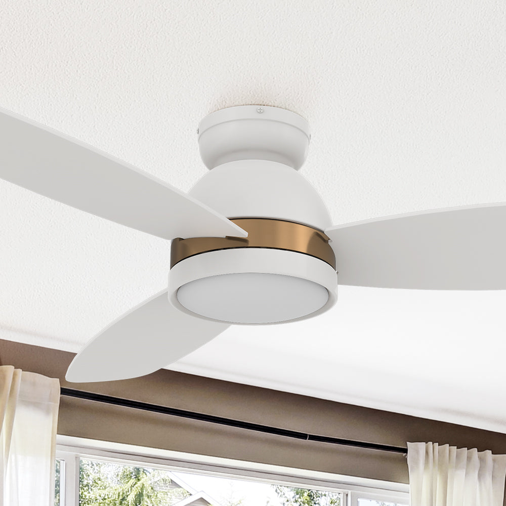 Carro Biscay 48 inch smart outdoor ceiling fan designed with white and gold finish, elegant plywood blades and integrated 4000K LED daylight. 