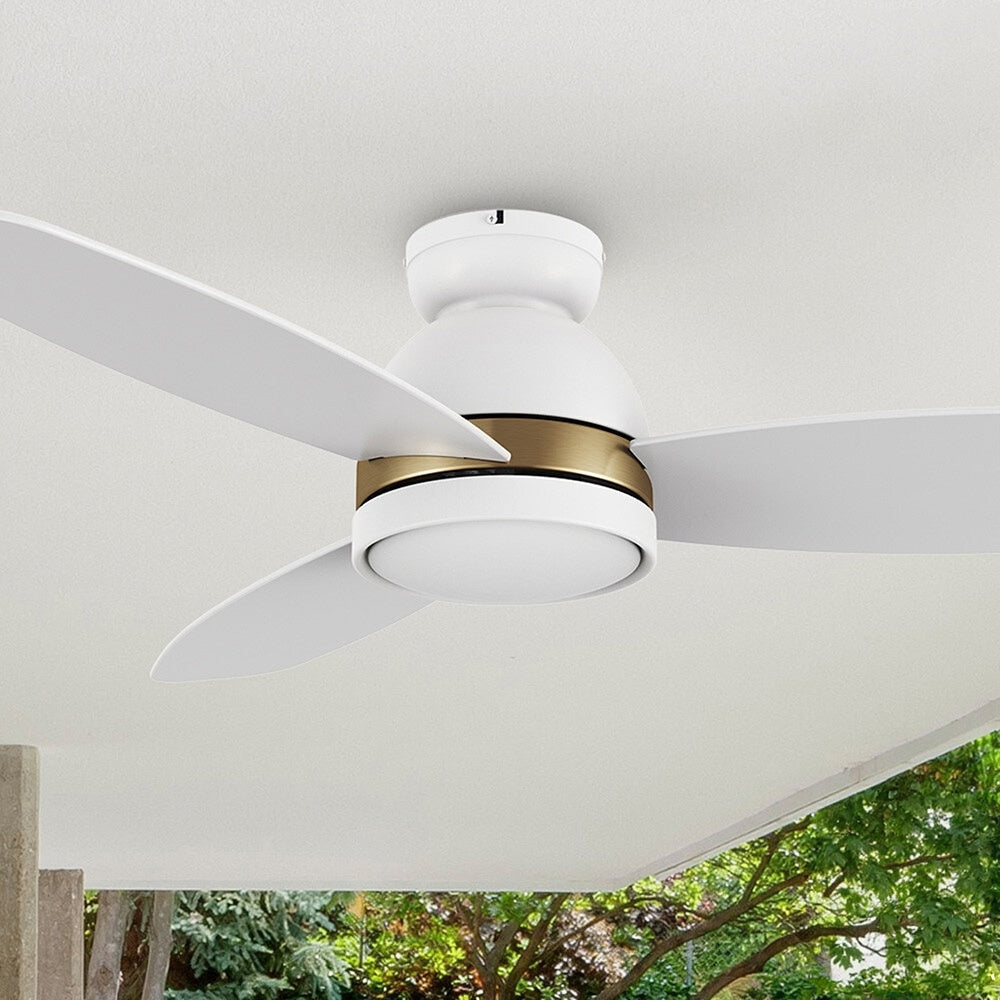 Carro Biscay 48 inch smart outdoor ceiling fan designed with white and gold finish, elegant plywood blades and integrated 4000K LED daylight. 