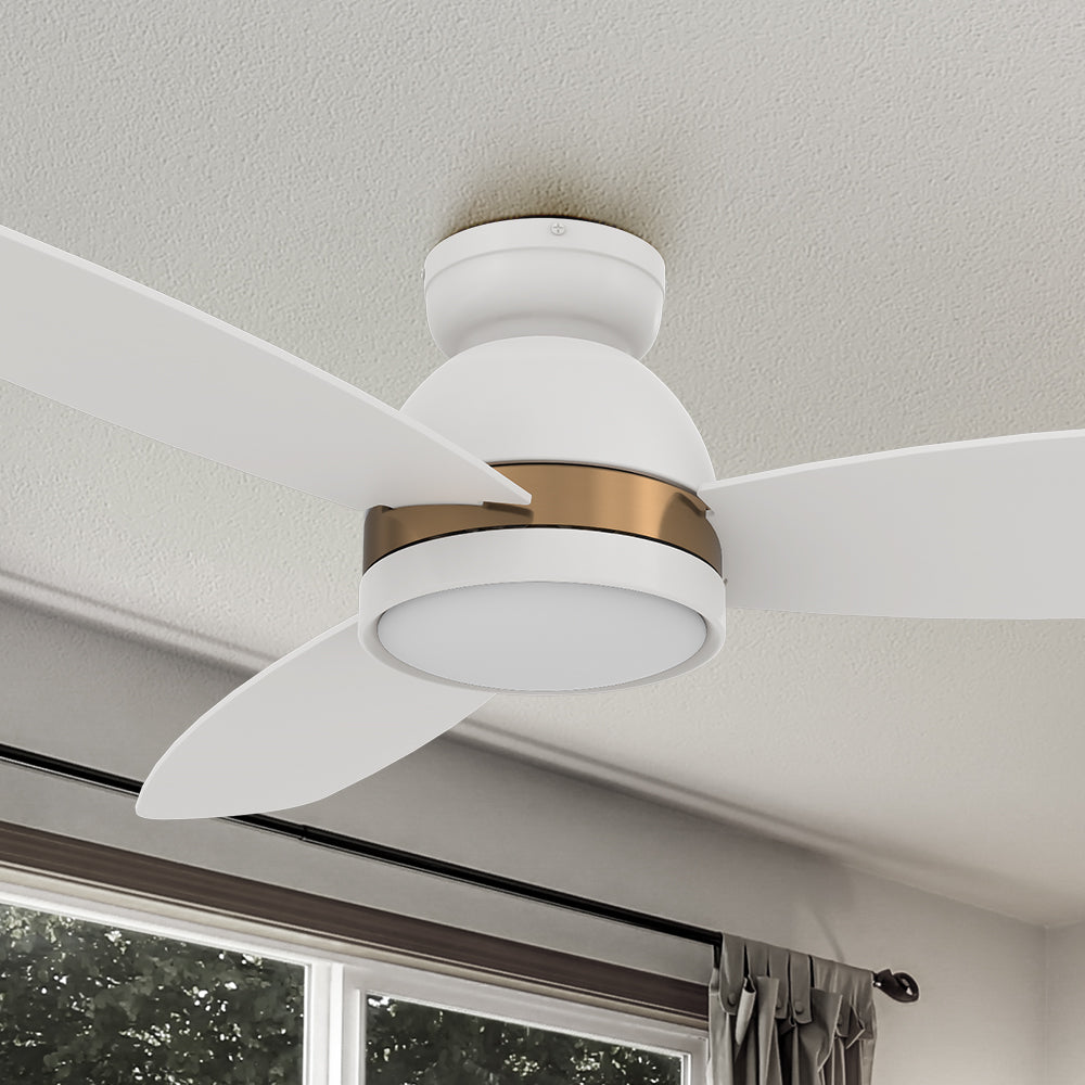 Carro Biscay 52 inch smart outdoor ceiling fan designed with white and gold finish, elegant plywood blades and integrated 4000K LED daylight. 